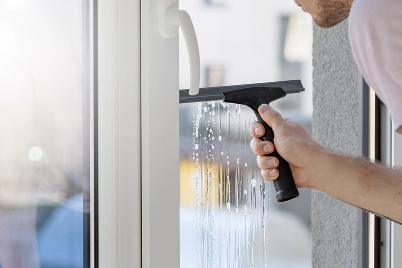 Mann zieht Scheibenwischer mit Flüssigkeit am Fenster entlang